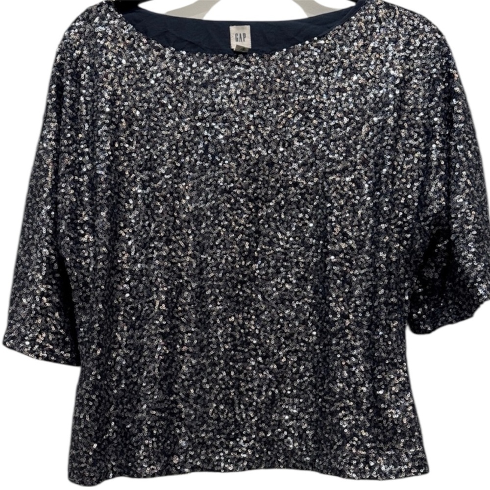 GAP Women's Shimmering Silver and Black Sequin Top Size XS